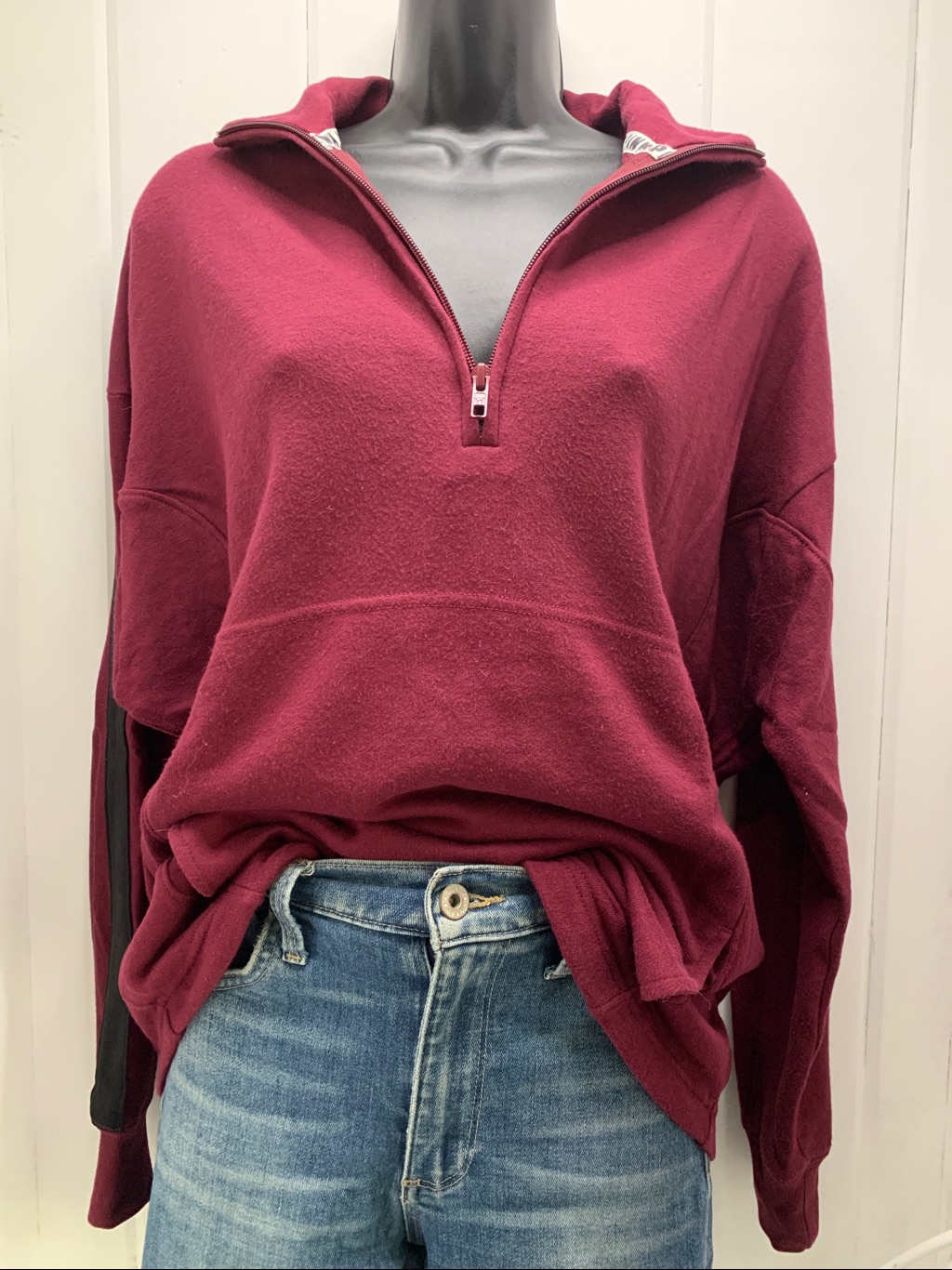 Pink 1/4 Zip Pullover Sweatshirt Xs Burgundy Black Stripe Y2k Victoria's Secret